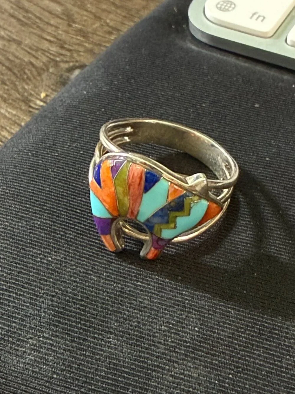 Southwest Inlay Multicolor Bear Sterling Silver Ring